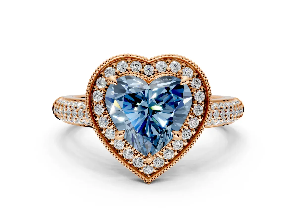 Milgrain Halo Engagement Ring Setting for Fancy Blue Heart-Shaped Center with Three-Sided Pave Band and Prong Head in Rose Gold