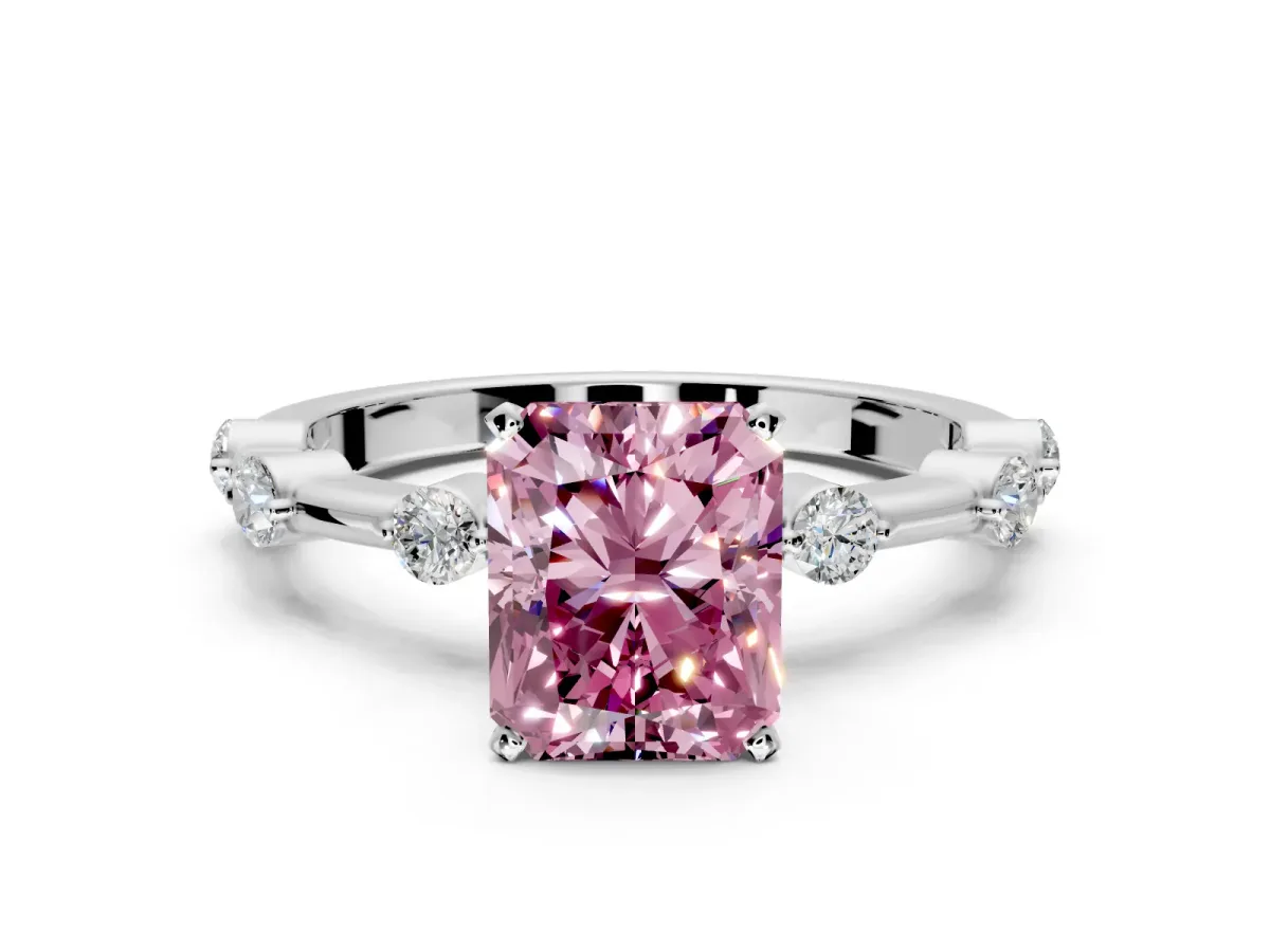 Solitaire Engagement Ring Setting for Fancy Pink Radiant Cut Center with Bezel Station Band and Prong Head in White Gold