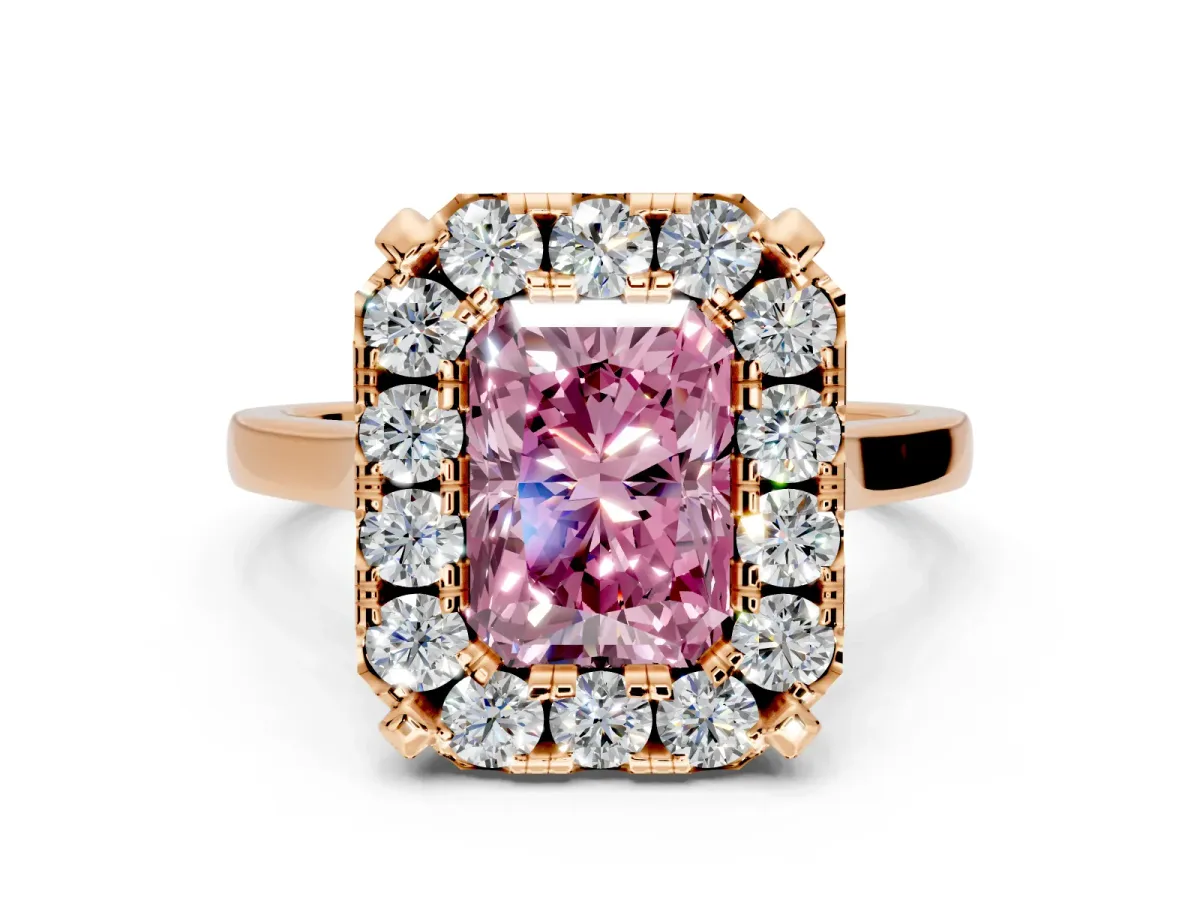 Single Halo Engagement Ring Setting for Fancy Pink Radiant Cut Center with Corner Claws, Plain Band and Prong Head in Rose Gold