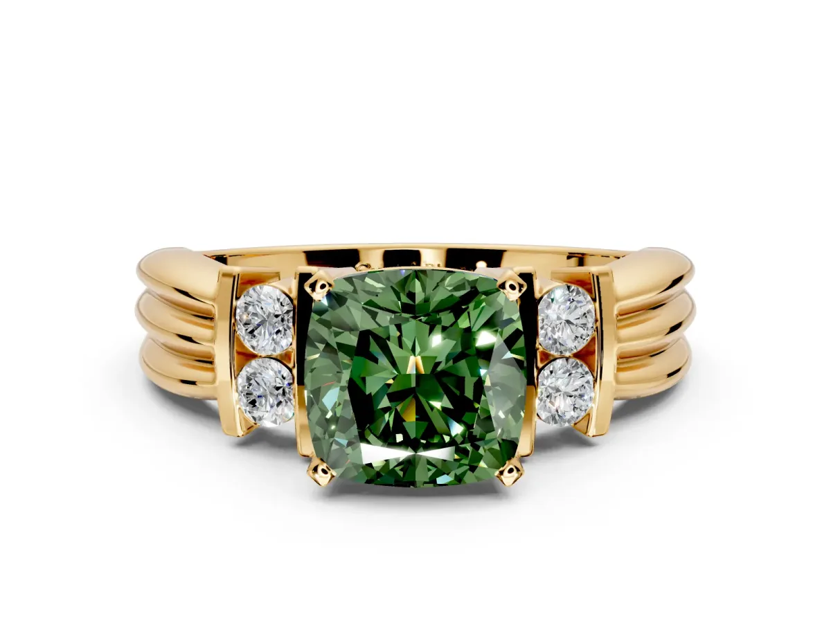 Solitaire Engagement Ring Setting for Fancy Green Cushion Cut Center with Grooved Bar Accent Band and Prong Head in Yellow Gold