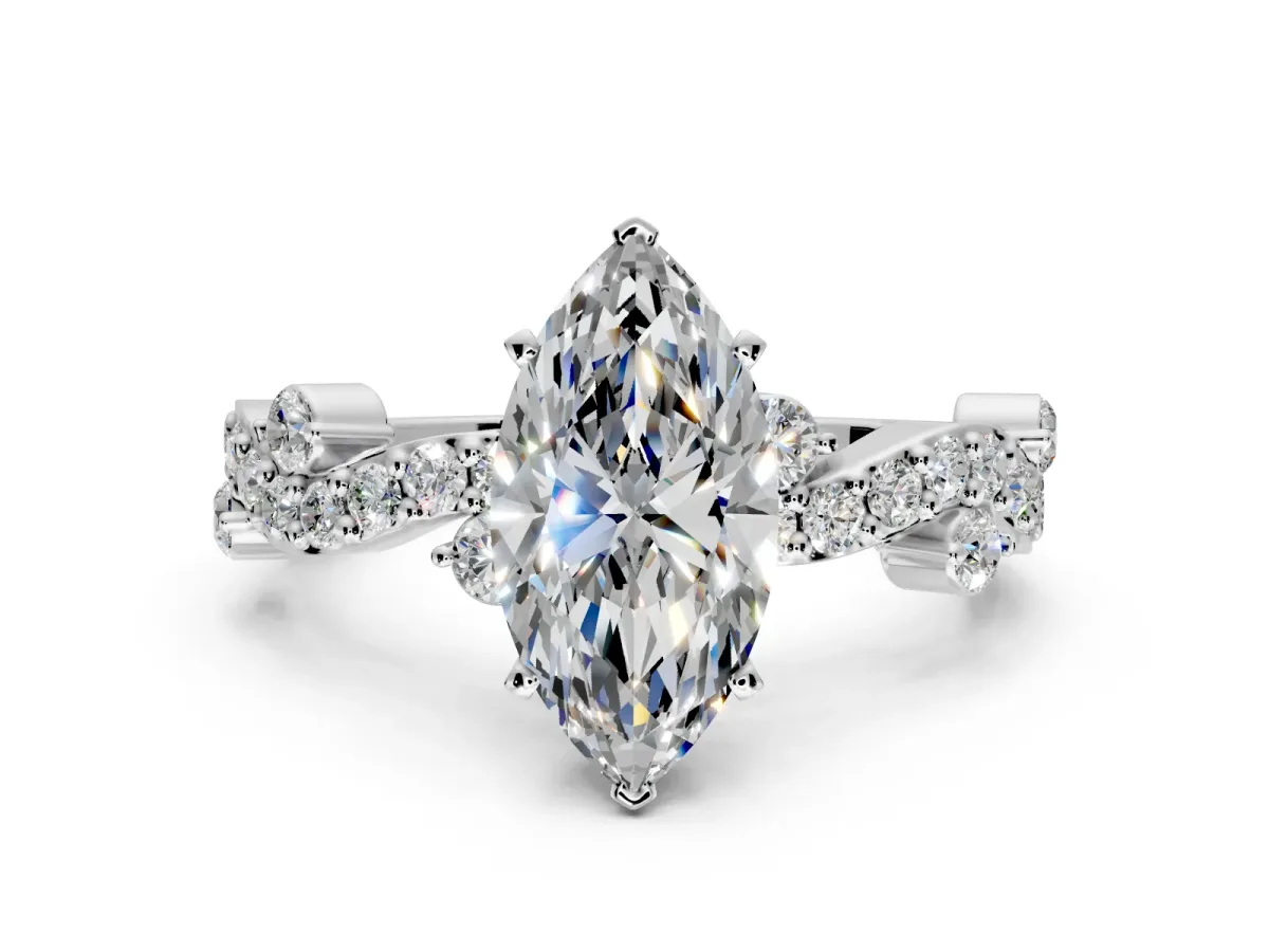 Solitaire Engagement Ring Setting for Marquise Center with Bar-Station Pave Twist and Prong Head in Sterling Silver