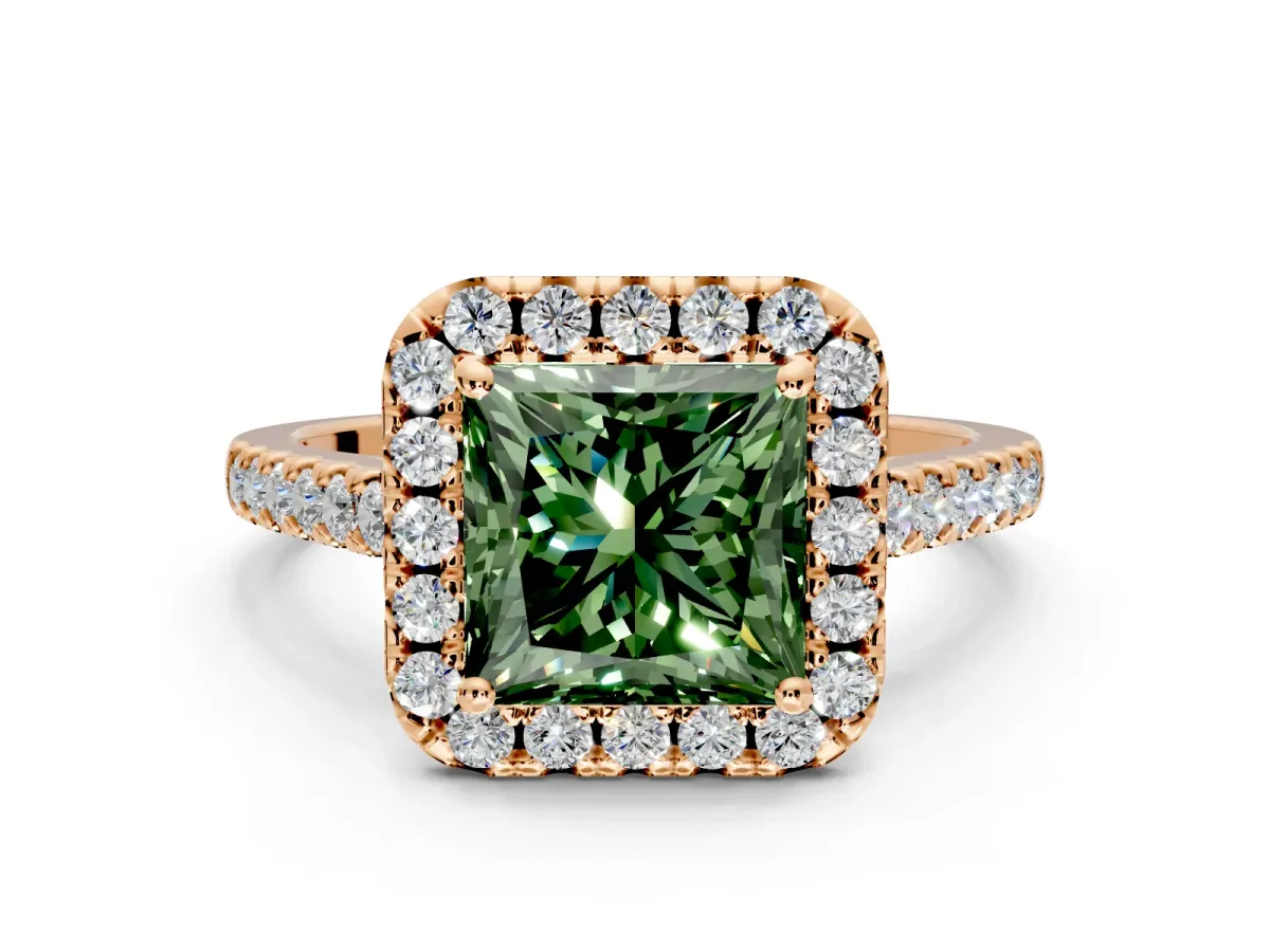 Halo Engagement Ring Setting for Fancy Green Princess Cut Center with Raised Halo, Pave Band and Prong Head in Rose Gold