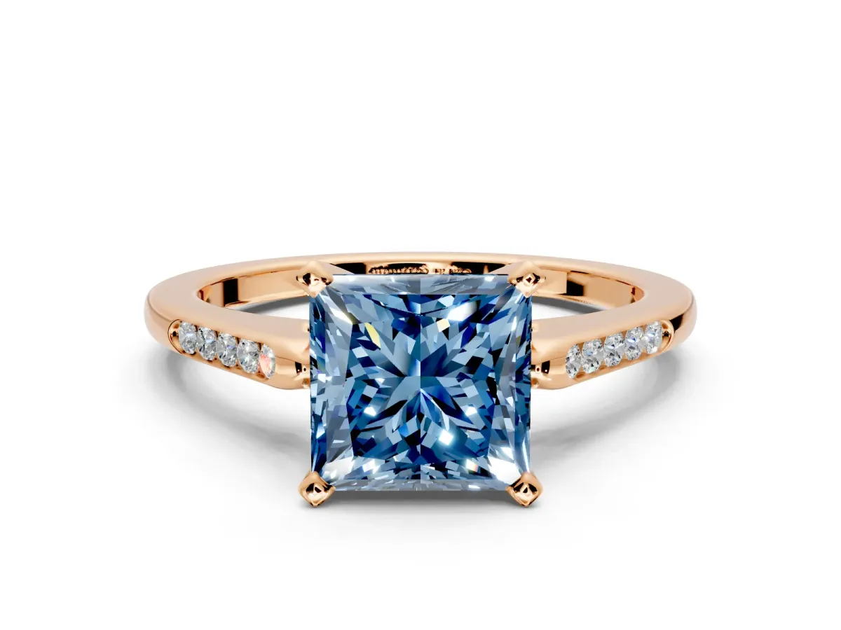Solitaire Engagement Ring Setting for Fancy Blue Princess Cut Center with Channel Accents and Prong Head in Rose Gold