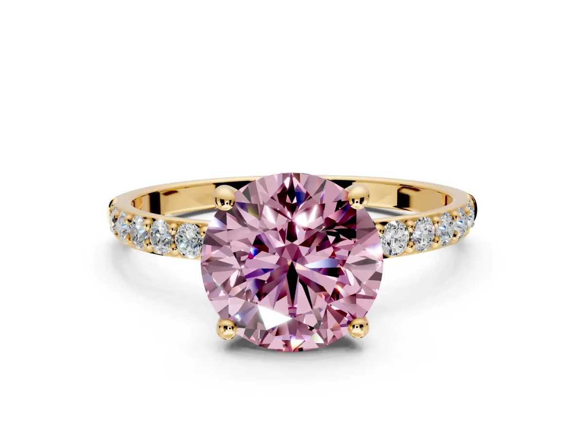 Solitaire Engagement Ring Setting for Fancy Pink Round Cut Center with Pave Accents and Prong Head in Yellow Gold