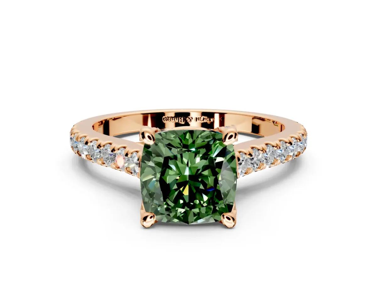 Solitaire Engagement Ring Setting for Fancy Green Cushion Cut Center with Widening Pave Band and Claw Prong Head in Rose Gold