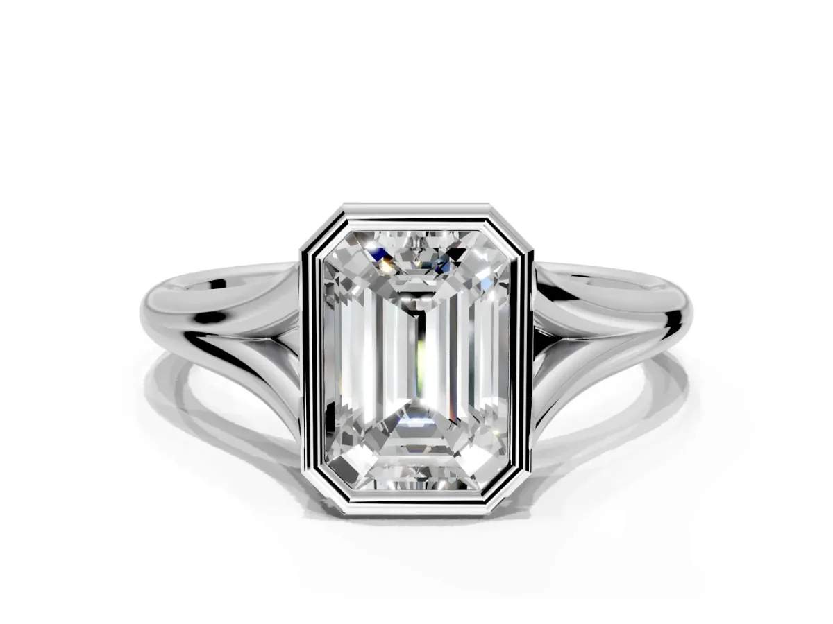Solitaire Engagement Ring Setting for Emerald Cut Center with V Split Shank and Bezel Head in Platinum
