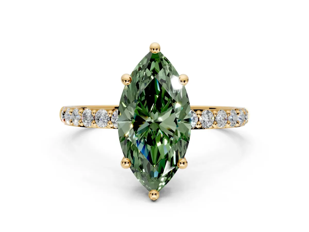 Solitaire Engagement Ring Setting for Fancy Green Marquise Center with Pave Accents and Prong Head in Yellow Gold