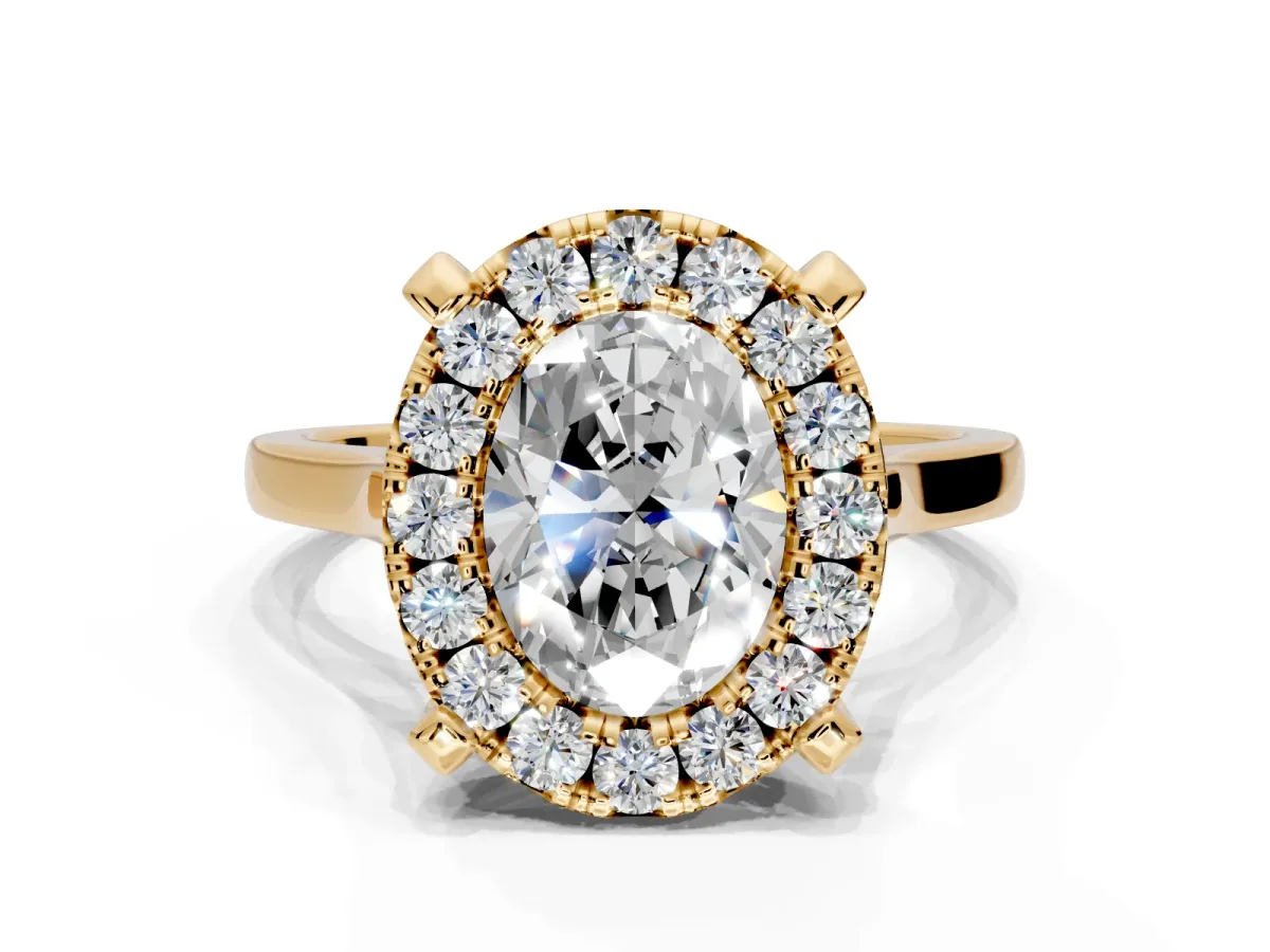 Single Halo Engagement Ring Setting for Oval Center with Corner Claws, Plain Band and Prong Head in Yellow Gold