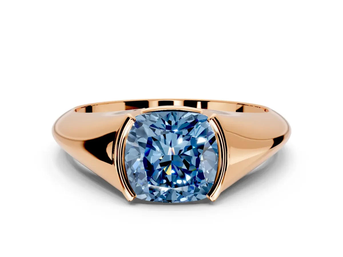 Tension Engagement Ring Setting for Fancy Blue Cushion Cut Center with Wide Tapered Band and Tension Head in Rose Gold