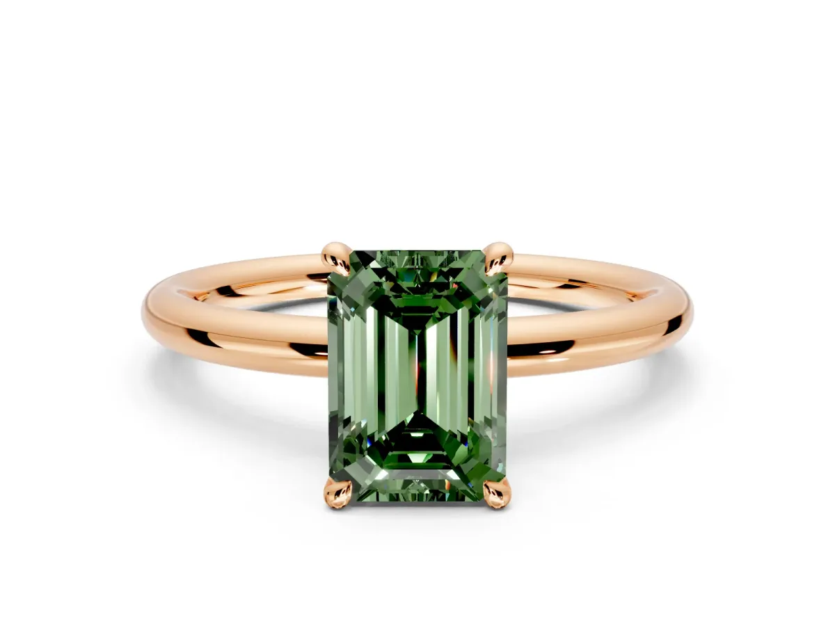 Hidden Halo Engagement Ring Setting for Fancy Green Emerald Cut Center with Thin Rounded Band and Prong Head in Rose Gold