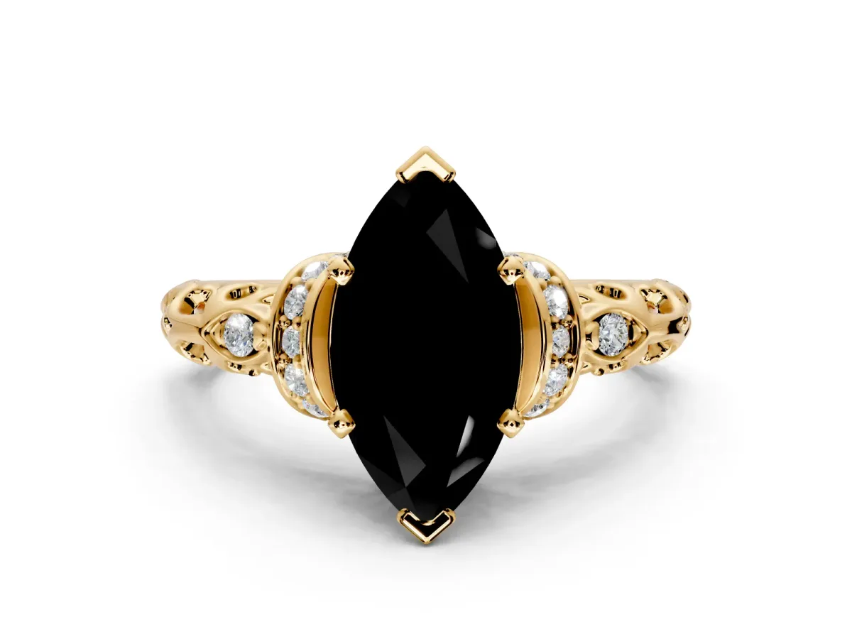 Solitaire Engagement Ring Setting for Fancy Black Marquise Center with Filigree Band and Prong Head in Yellow Gold
