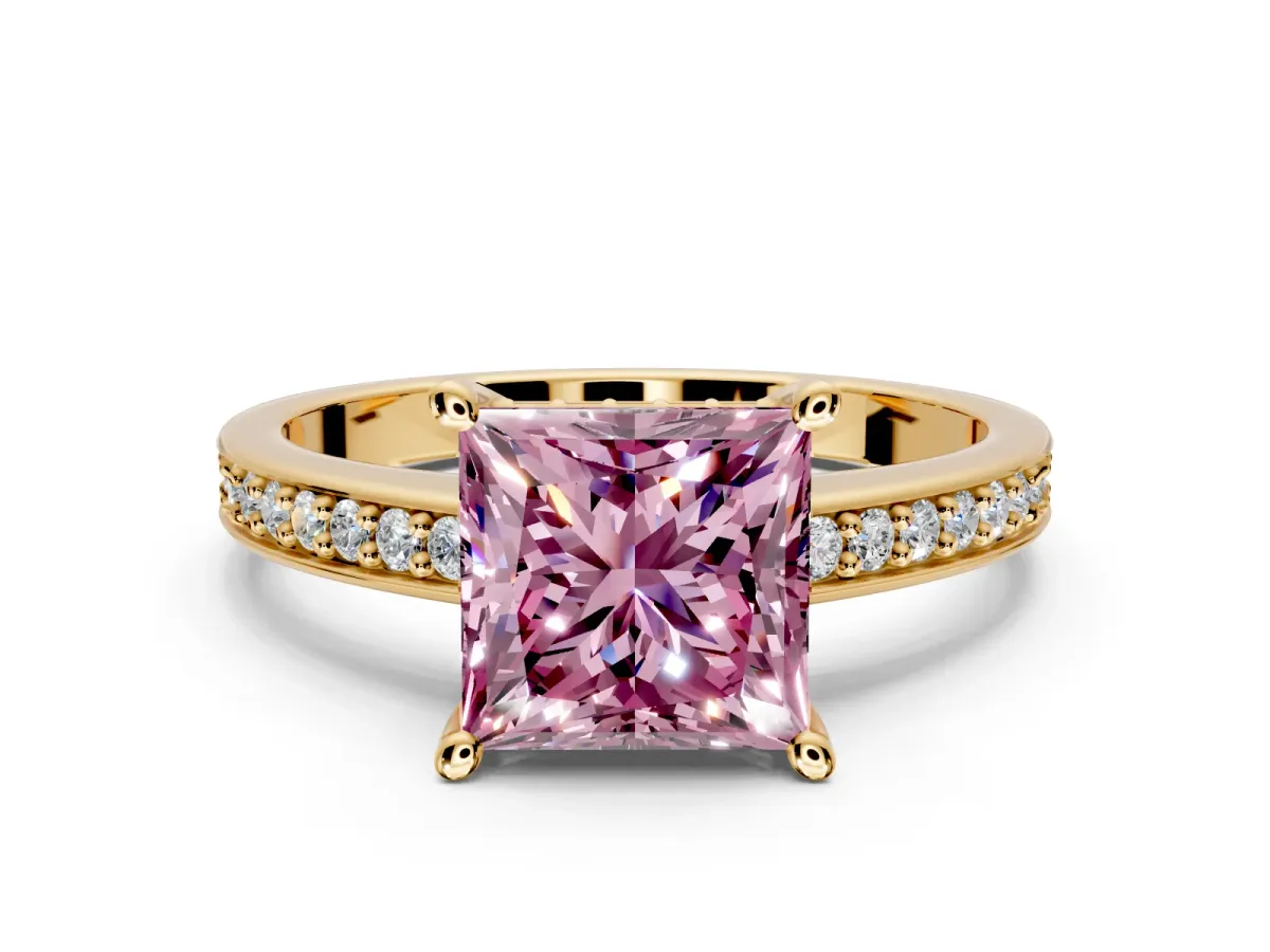 Solitaire Engagement Ring Setting for Fancy Pink Princess Cut Center with Channel-Set Accent Band and Prong Head in Yellow Gold
