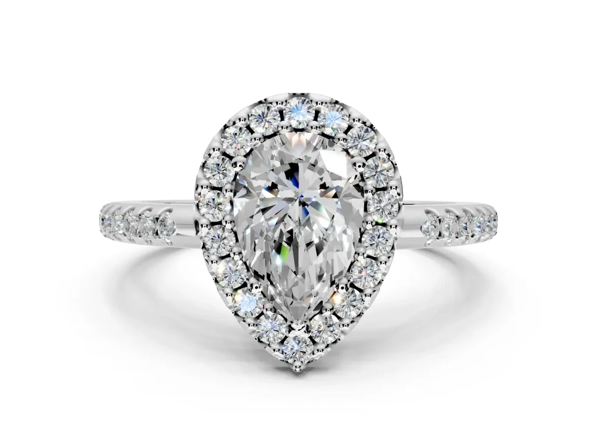 Pave Halo Engagement Ring Setting for Pear-Shaped Center with Single Row Pave Band and Prong Head in Platinum