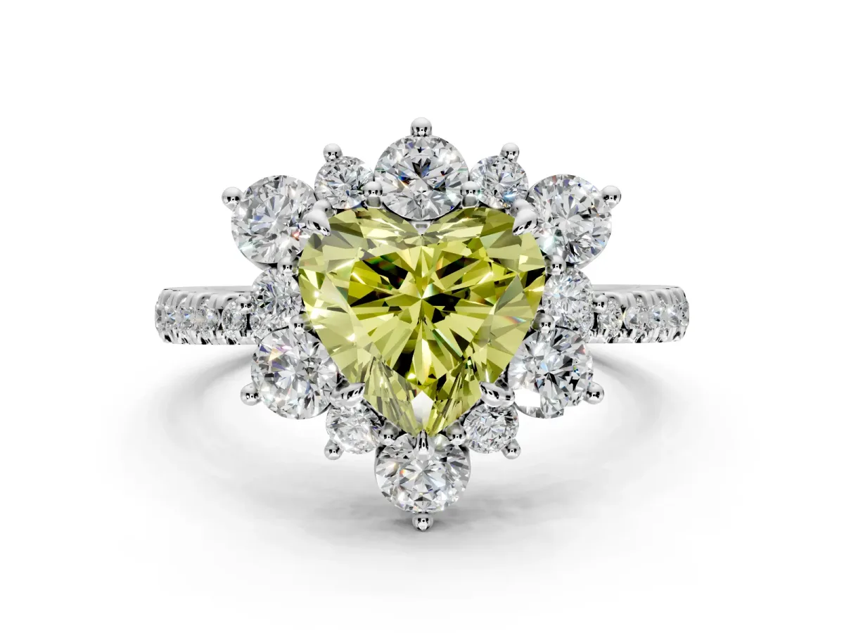 Floral Halo Engagement Ring Setting for Fancy Yellow Heart-Shaped Center with Pave Accents and Prong Head in Platinum