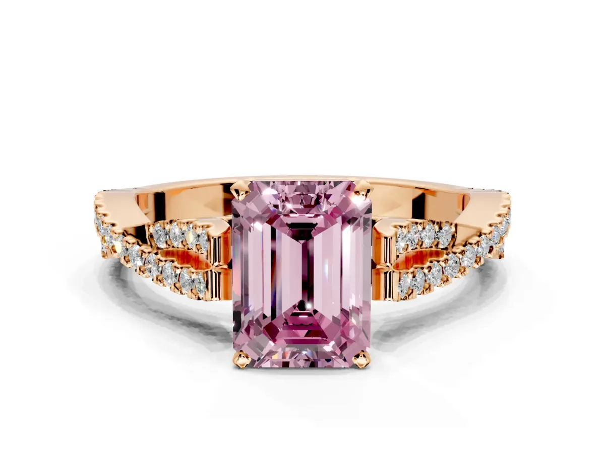 Solitaire Engagement Ring Setting for Fancy Pink Emerald Cut Center with Twisted Pave Split Shank and Prong Head in Rose Gold