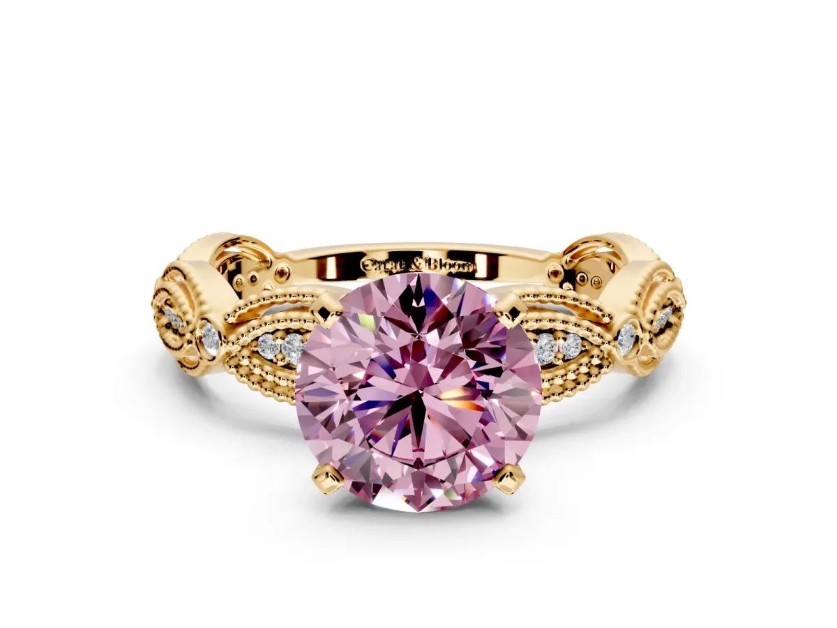 Solitaire Engagement Ring Setting for Fancy Pink Round Cut Center with Marquise Panel Band and Prong Head in Yellow Gold