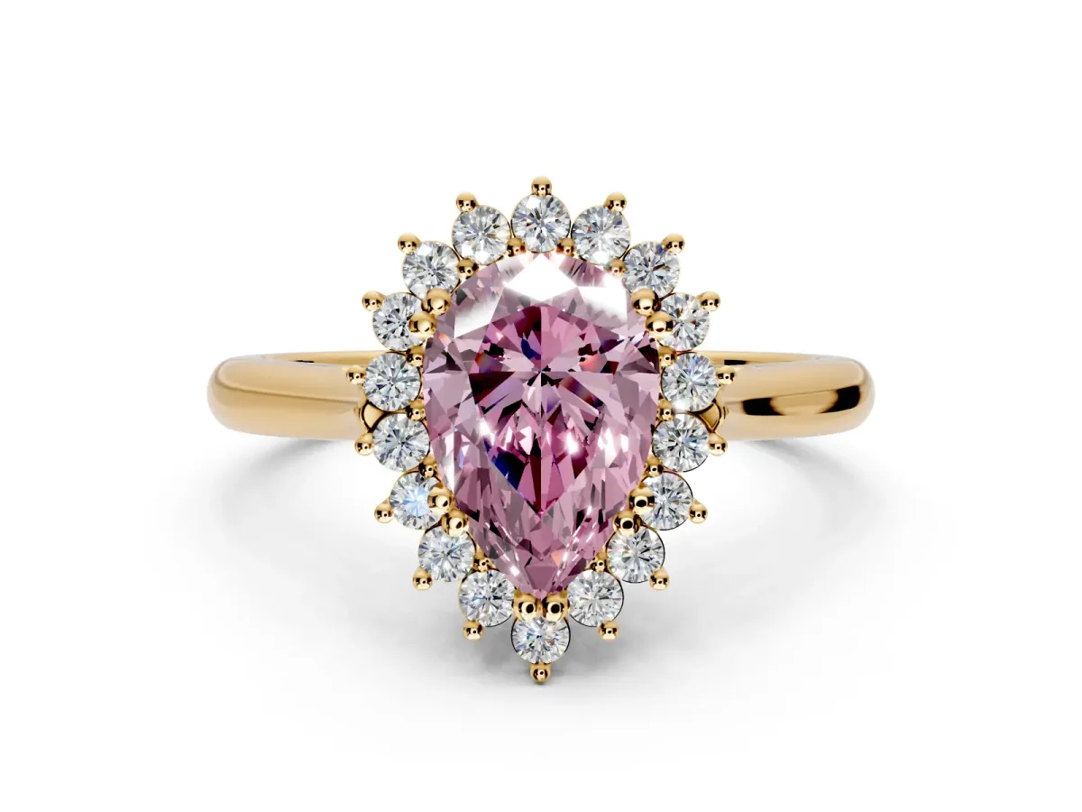 Starburst Halo Engagement Ring Setting for Fancy Pink Pear-Shaped Center with Thin Round-Wire Band and Prong Head in Yellow Gold