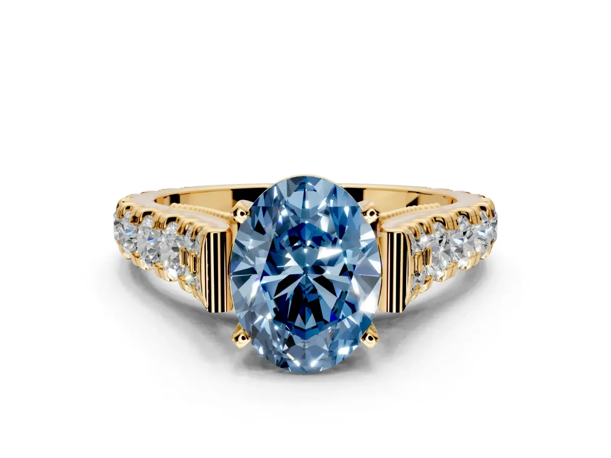 Solitaire Engagement Ring Setting for Fancy Blue Oval Center with Pave Cathedral Shoulders and Prong Head in Yellow Gold