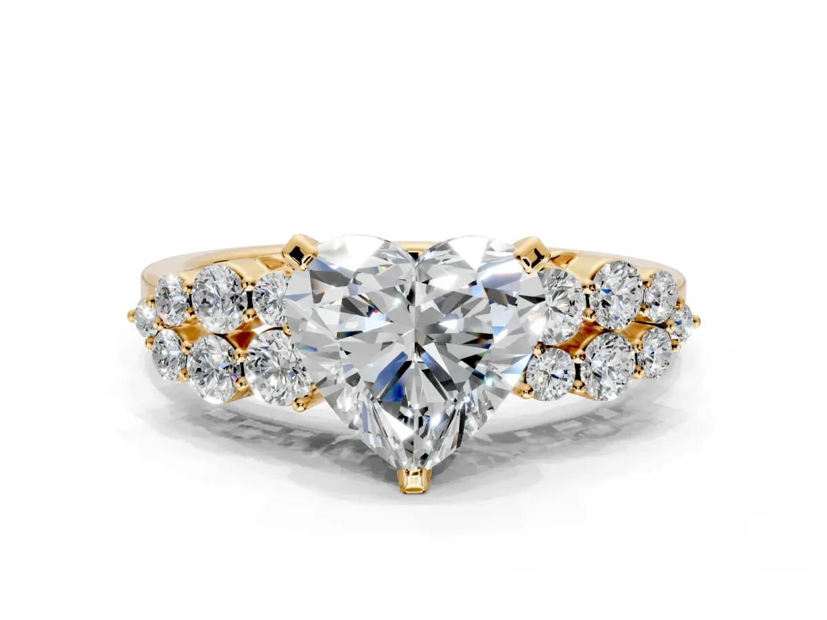 Cluster Engagement Ring Setting for Heart-Shaped Center with 2-Row Shoulder Clusters and Prong Head in Yellow Gold