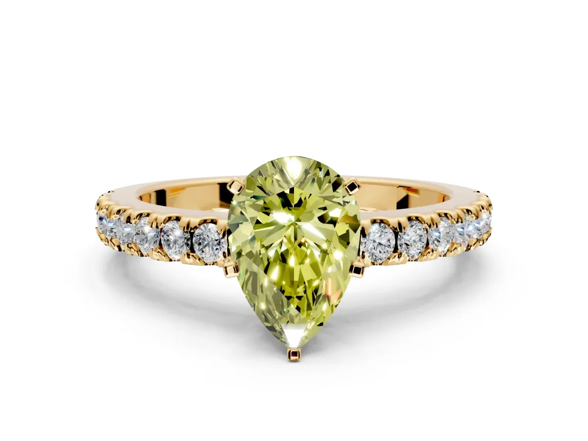 Solitaire Engagement Ring Setting for Fancy Yellow Pear-Shaped Center with Single Row Accent Band and Prong Head in Yellow Gold