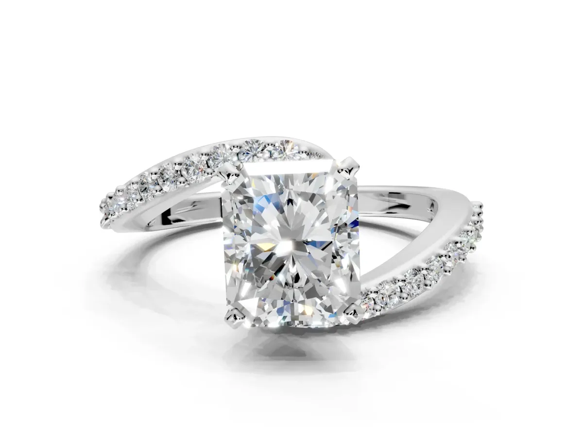 Solitaire Engagement Ring Setting for Radiant Cut Center with Pave Bypass Swirl Band and Prong Head in Sterling Silver