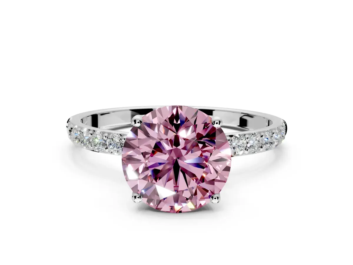 Solitaire Engagement Ring Setting for Fancy Pink Round Cut Center with Fine Pave Accents and Prong Head in White Gold