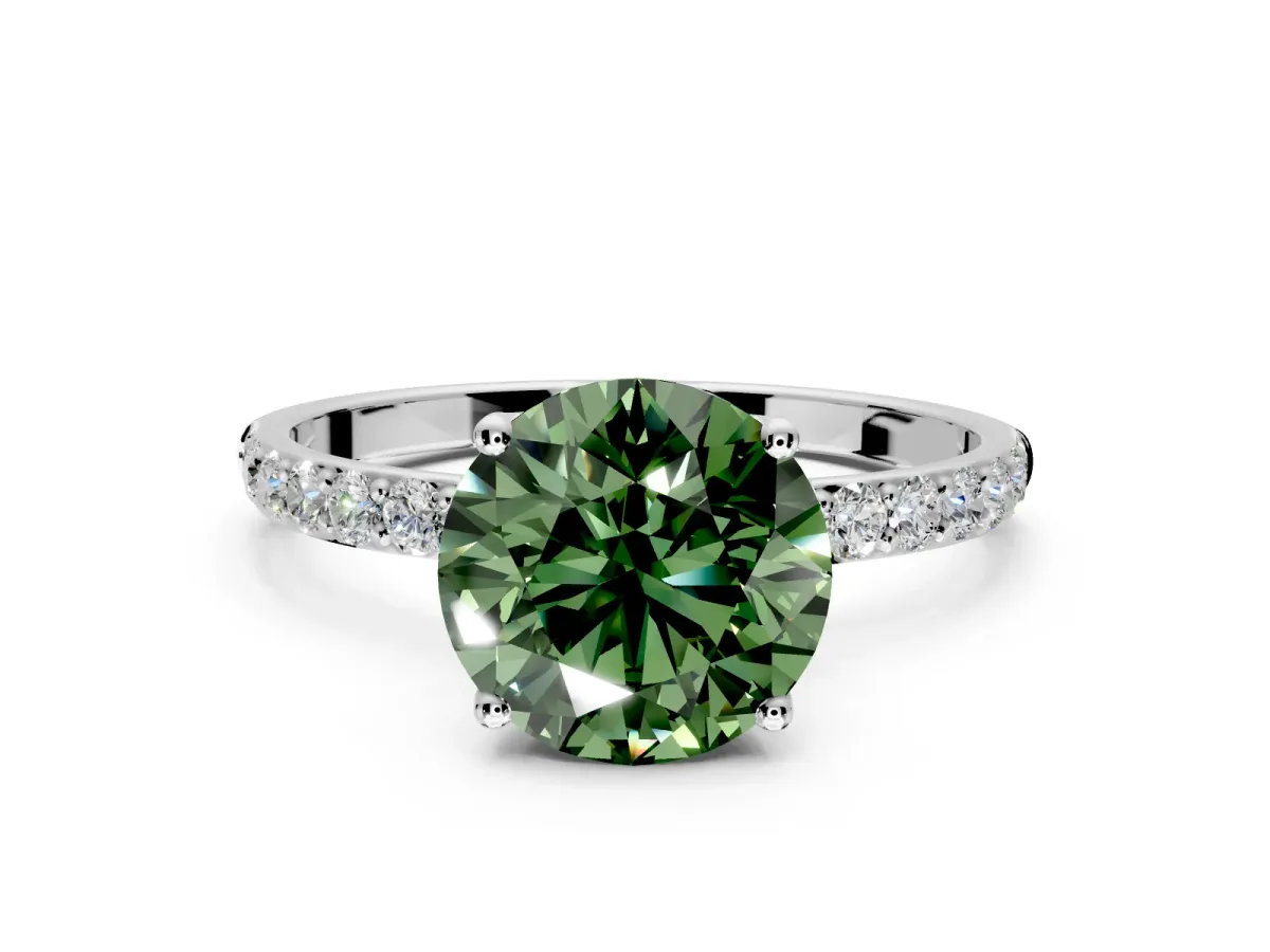 Solitaire Engagement Ring Setting for Fancy Green Round Cut Center with Fine Pave Accents and Prong Head in Sterling Silver