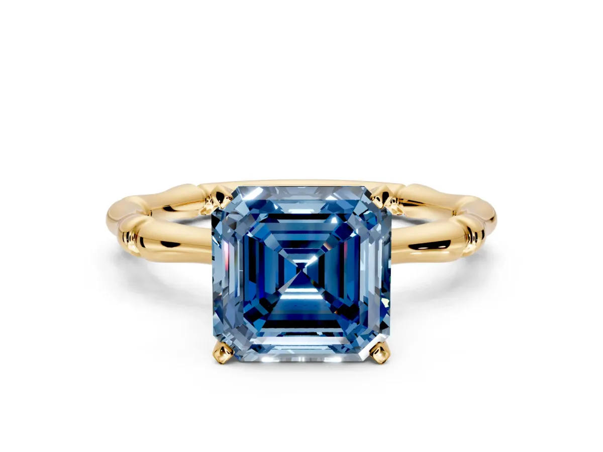 Solitaire Engagement Ring Setting for Fancy Blue Asscher Cut Center with Bamboo Band and Prong Head in Yellow Gold