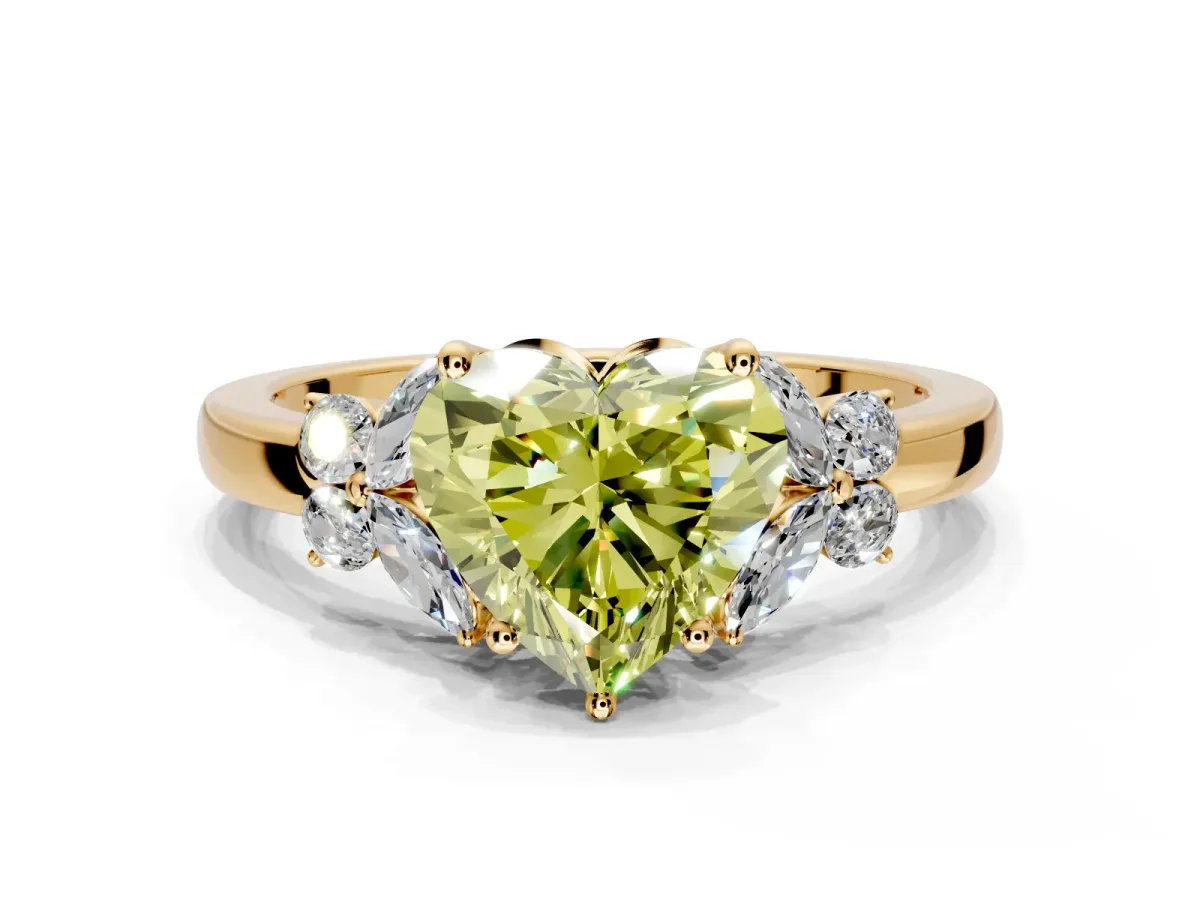 Solitaire Engagement Ring Setting for Fancy Yellow Heart-Shaped Center with Marquise Flower Shoulders and Prong Head in Yellow Gold