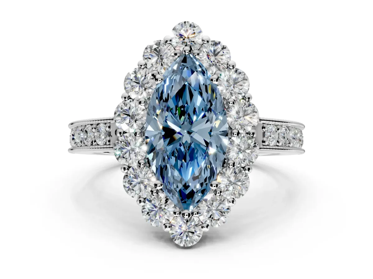Halo Engagement Ring Setting for Fancy Blue Marquise Center with Milgrain Channel Band and Prong Head in Platinum