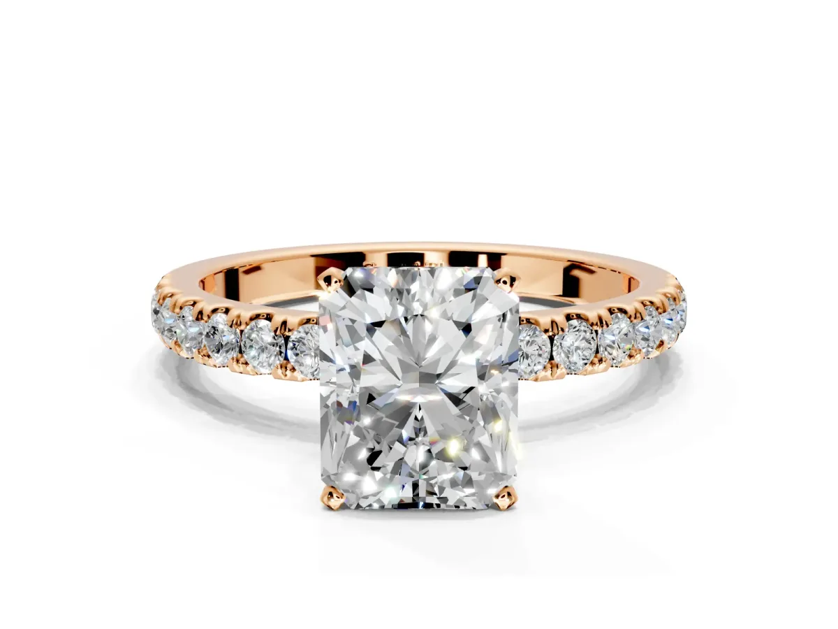 Open Basket Engagement Ring Setting for Radiant Cut Center with Pave Band and Prong Head in Rose Gold