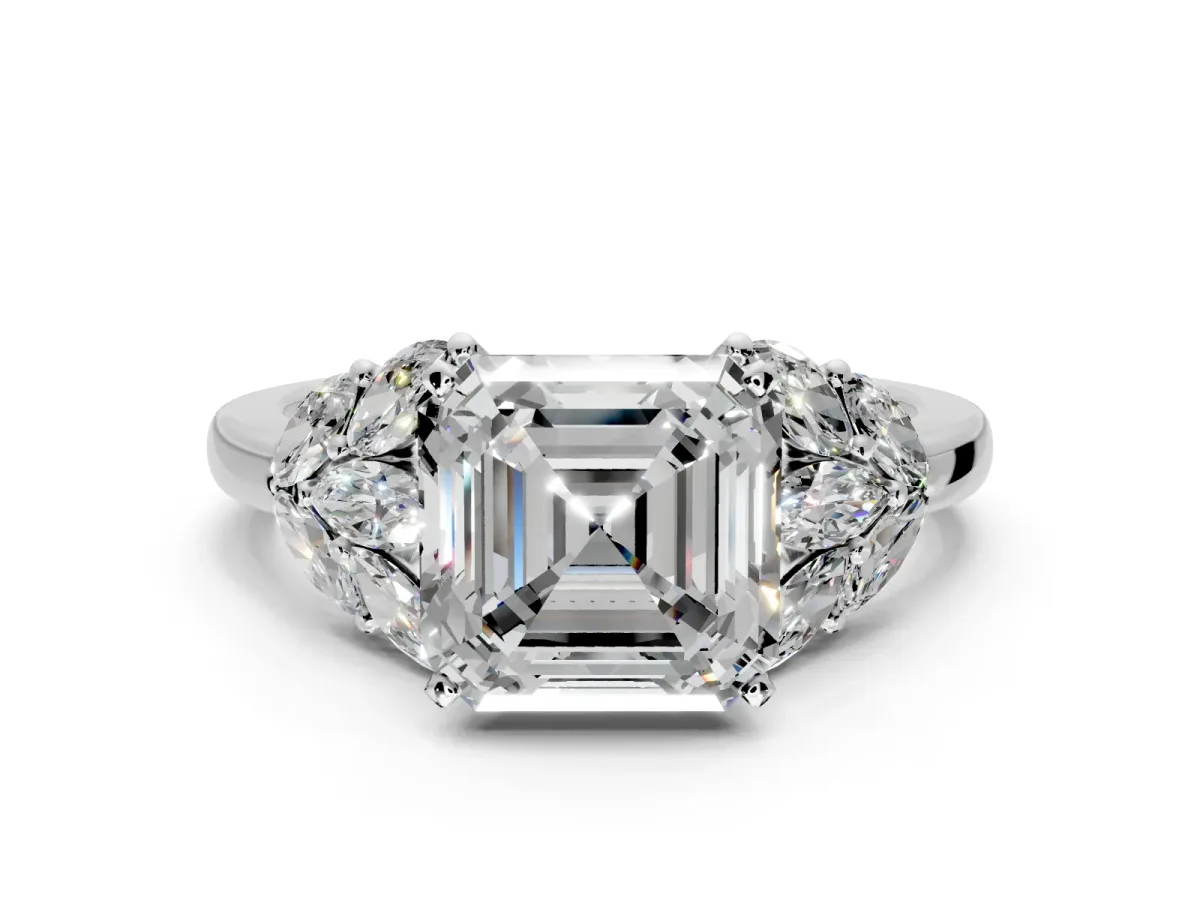Leaf Cluster Engagement Ring Setting for Asscher Cut Center with Marquise Accents and Prong Head in Sterling Silver