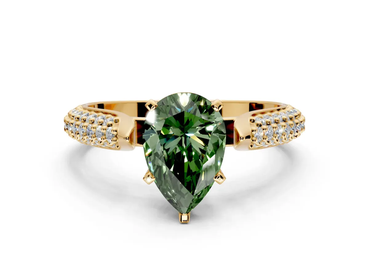 Solitaire Engagement Ring Setting for Fancy Green Pear-Shaped Center with Multi-Row Accents and Prong Head in Yellow Gold