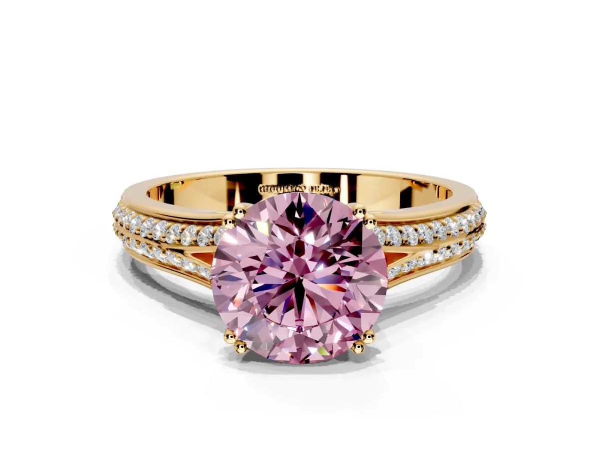 Solitaire Engagement Ring Setting for Fancy Pink Round Cut Center with Pave Rail Split Shank and Prong Head in Yellow Gold