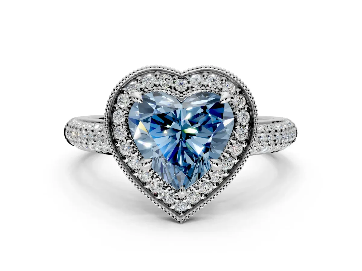 Milgrain Halo Engagement Ring Setting for Fancy Blue Heart-Shaped Center with Three-Sided Pave Band and Prong Head in Sterling Silver