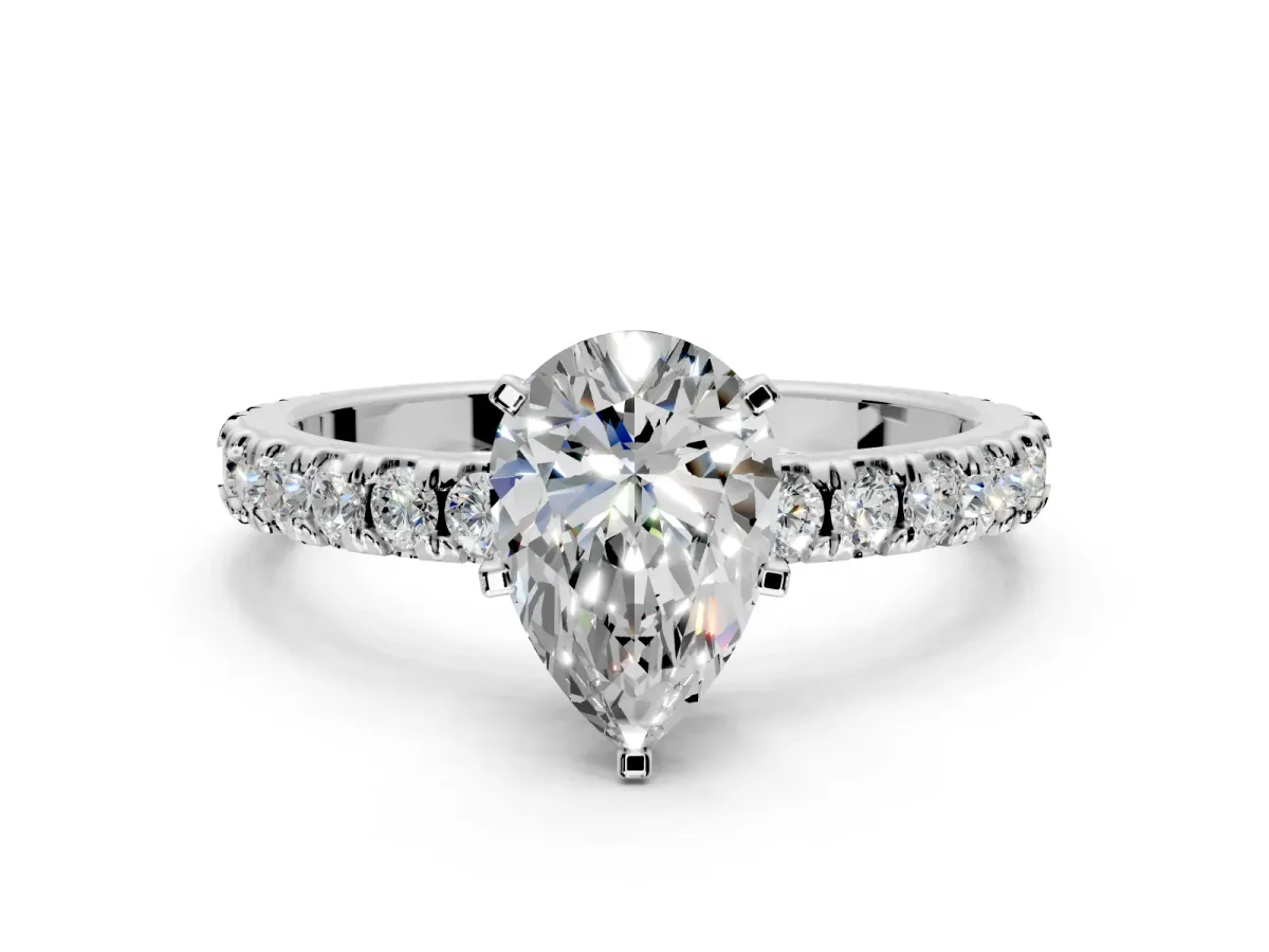 Solitaire Engagement Ring Setting for Pear-Shaped Center with Fine Pave Band and Claw Prong Head in Sterling Silver