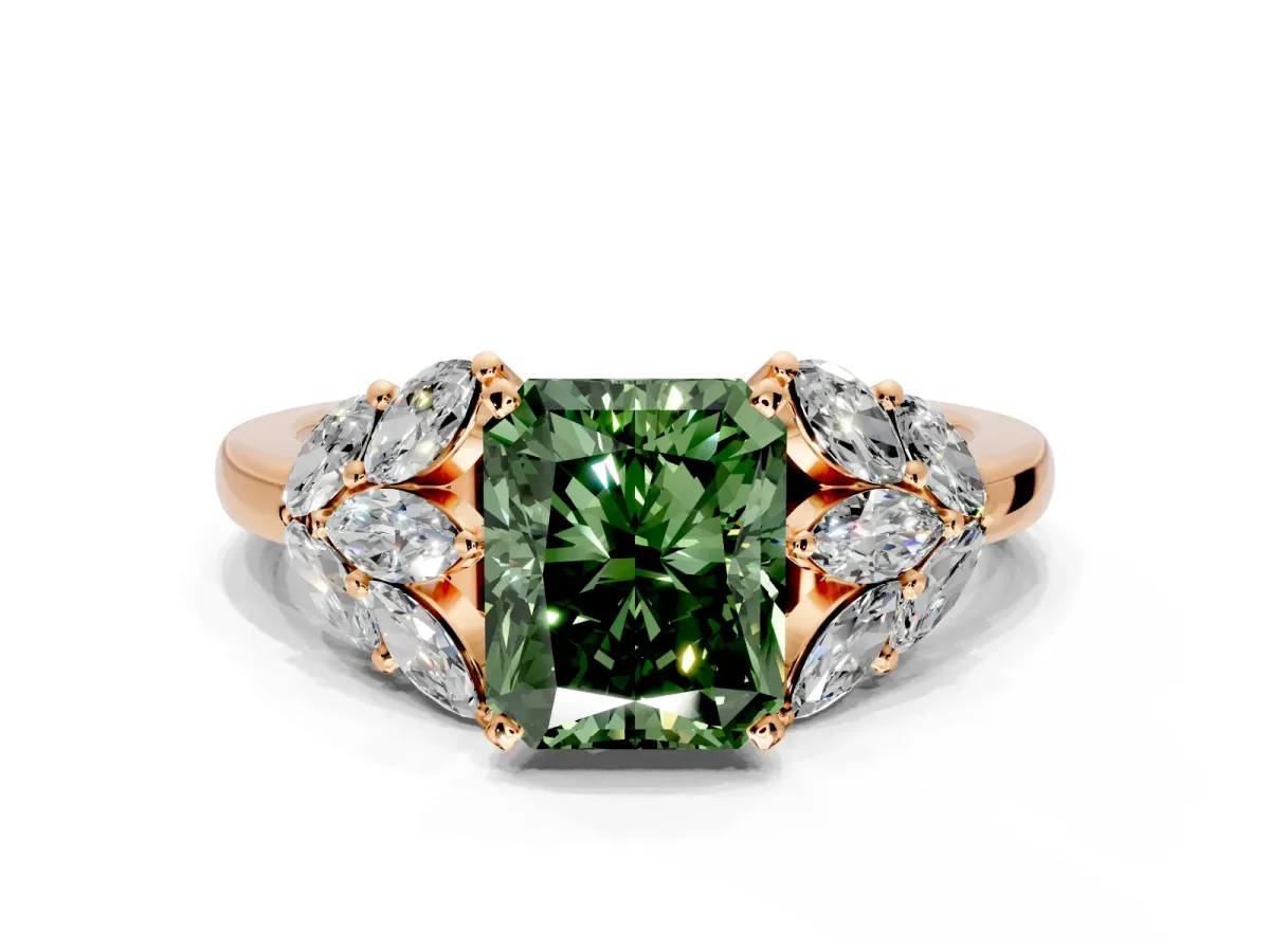 Leaf Cluster Engagement Ring Setting for Fancy Green Radiant Cut Center with Marquise Accents and Prong Head in Rose Gold