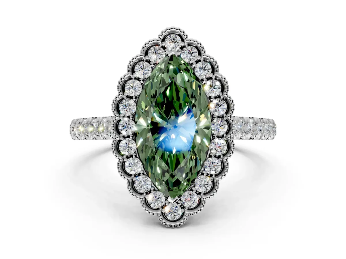 Milgrain Floral Halo Engagement Ring Setting for Fancy Green Marquise Center with Pave Band and Prong Head in Sterling Silver