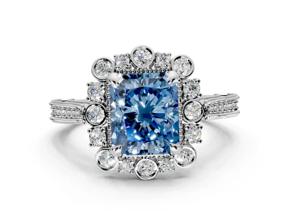 Milgrain Halo Engagement Ring Setting for Fancy Blue Radiant Cut Center with Bezel Point Accents and Prong Head in White Gold