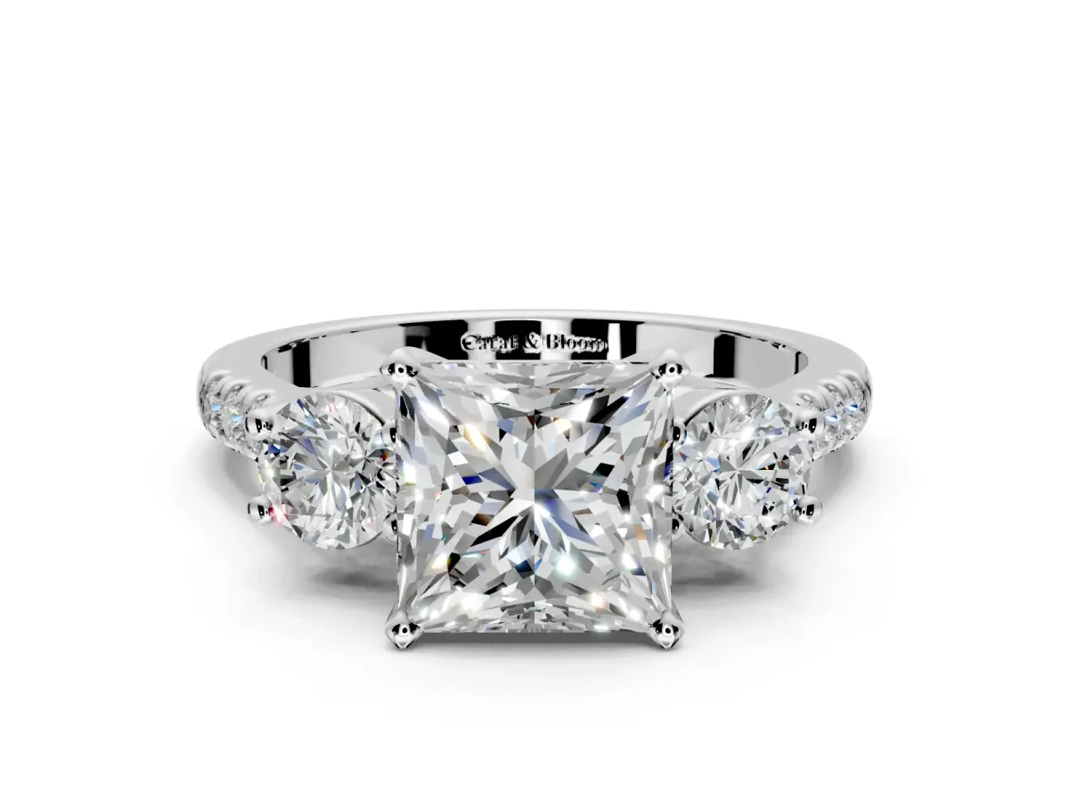 3 Stone Engagement Ring Setting for Princess Cut Center with Crossover Basket, Pave Band and Prong Head in Platinum