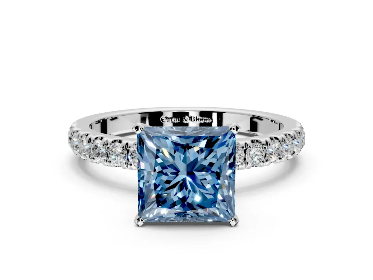 Open Basket Engagement Ring Setting for Fancy Blue Princess Cut Center with Pave Band and Prong Head in Sterling Silver