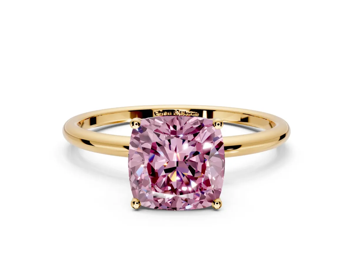 Solitaire Engagement Ring Setting for Fancy Pink Cushion Cut Center with Straight Thin Band and Prong Head in Yellow Gold