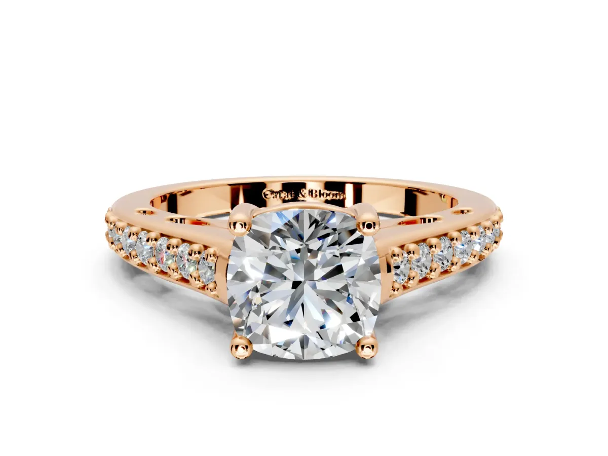 Solitaire Engagement Ring Setting for Cushion Cut Center with Pave Cathedral Band and Prong Head in Rose Gold