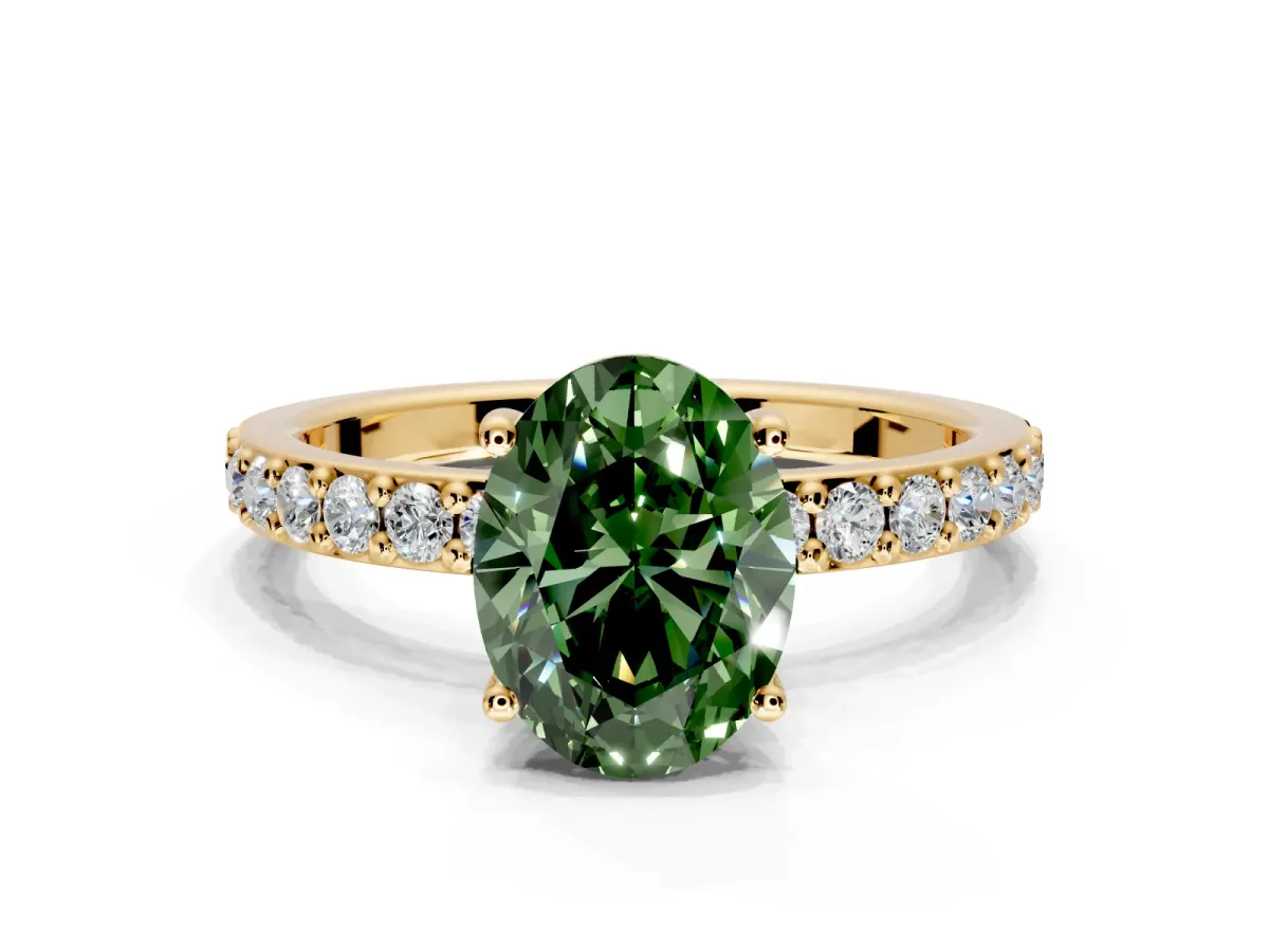 Solitaire Engagement Ring Setting for Fancy Green Oval Center with Round Cut Pave Band and Prong Head in Yellow Gold