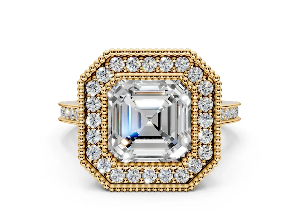Halo Engagement Ring Setting for Asscher Cut Center with Milgrain Frame, Pave Band and Prong Head in Yellow Gold