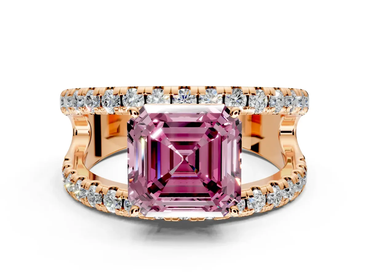Solitaire Engagement Ring Setting for Fancy Pink Asscher Cut Center with Wide-Open Split Shank and Prong Head in Rose Gold