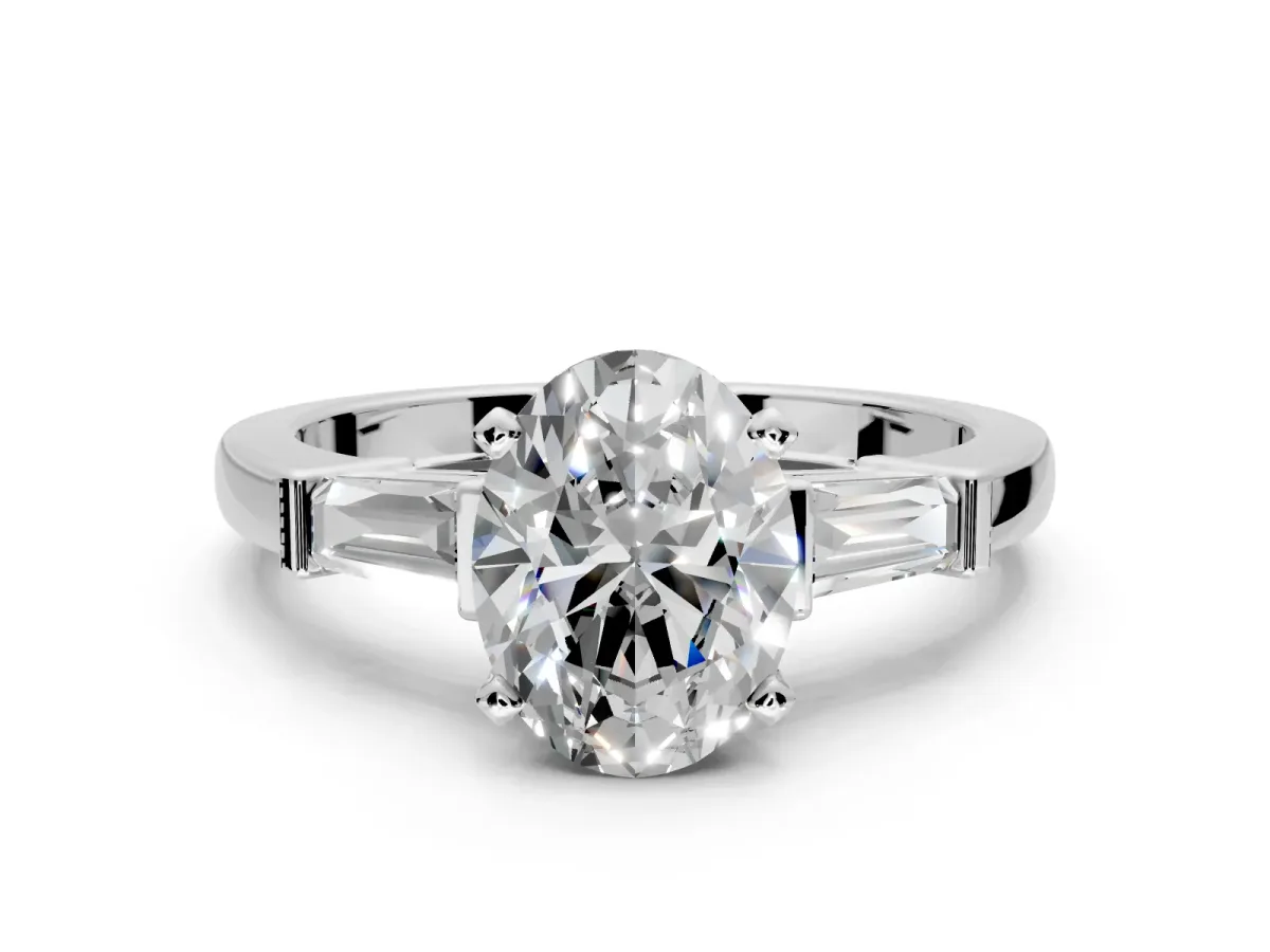 3 Stone Engagement Ring Setting for Oval Center with Channel Baguette Accents and Prong Head in Platinum