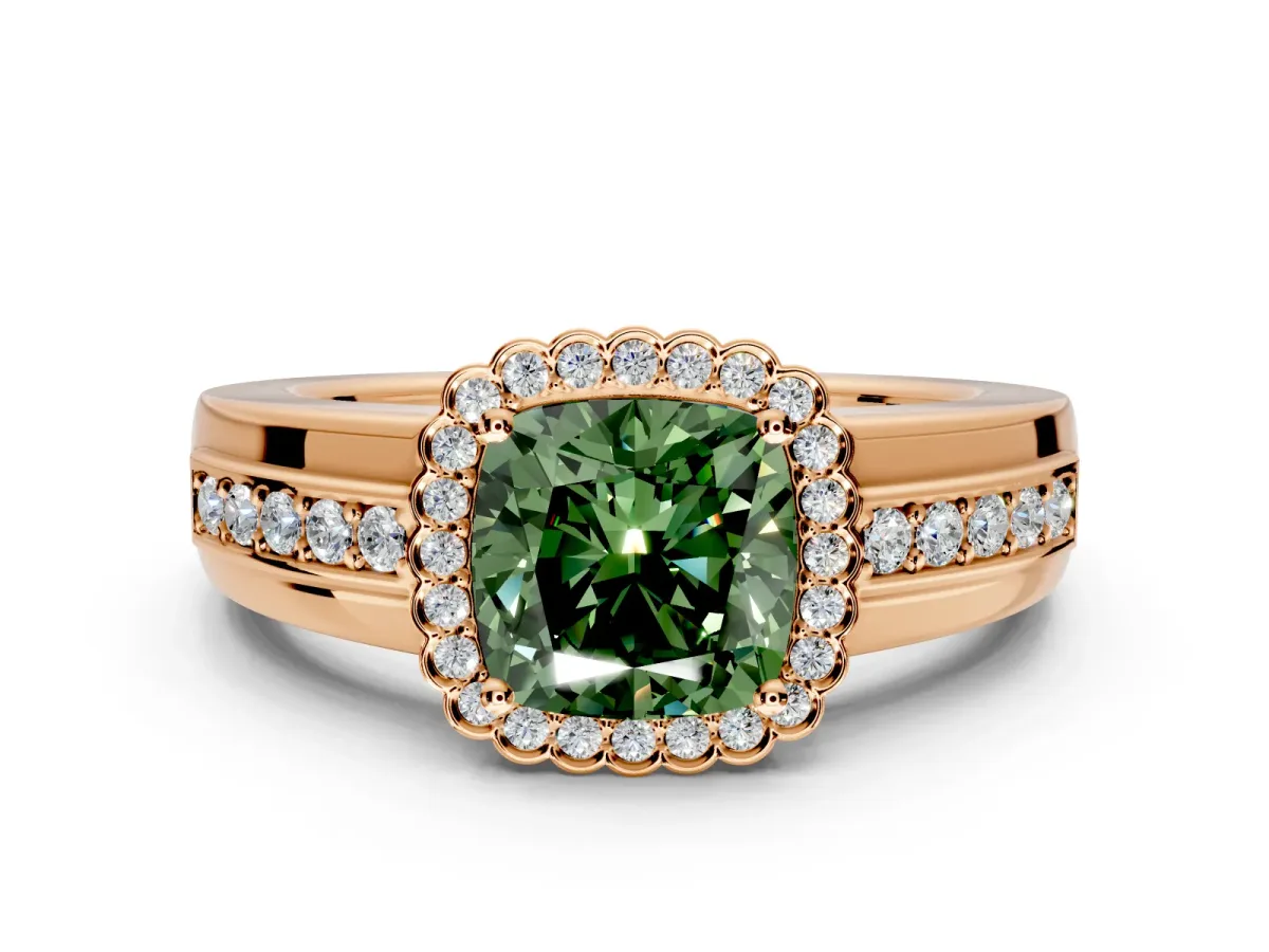 Halo Engagement Ring Setting for Fancy Green Cushion Cut Center with Wide Band, Inlaid Accent Row and Prong Head in Rose Gold