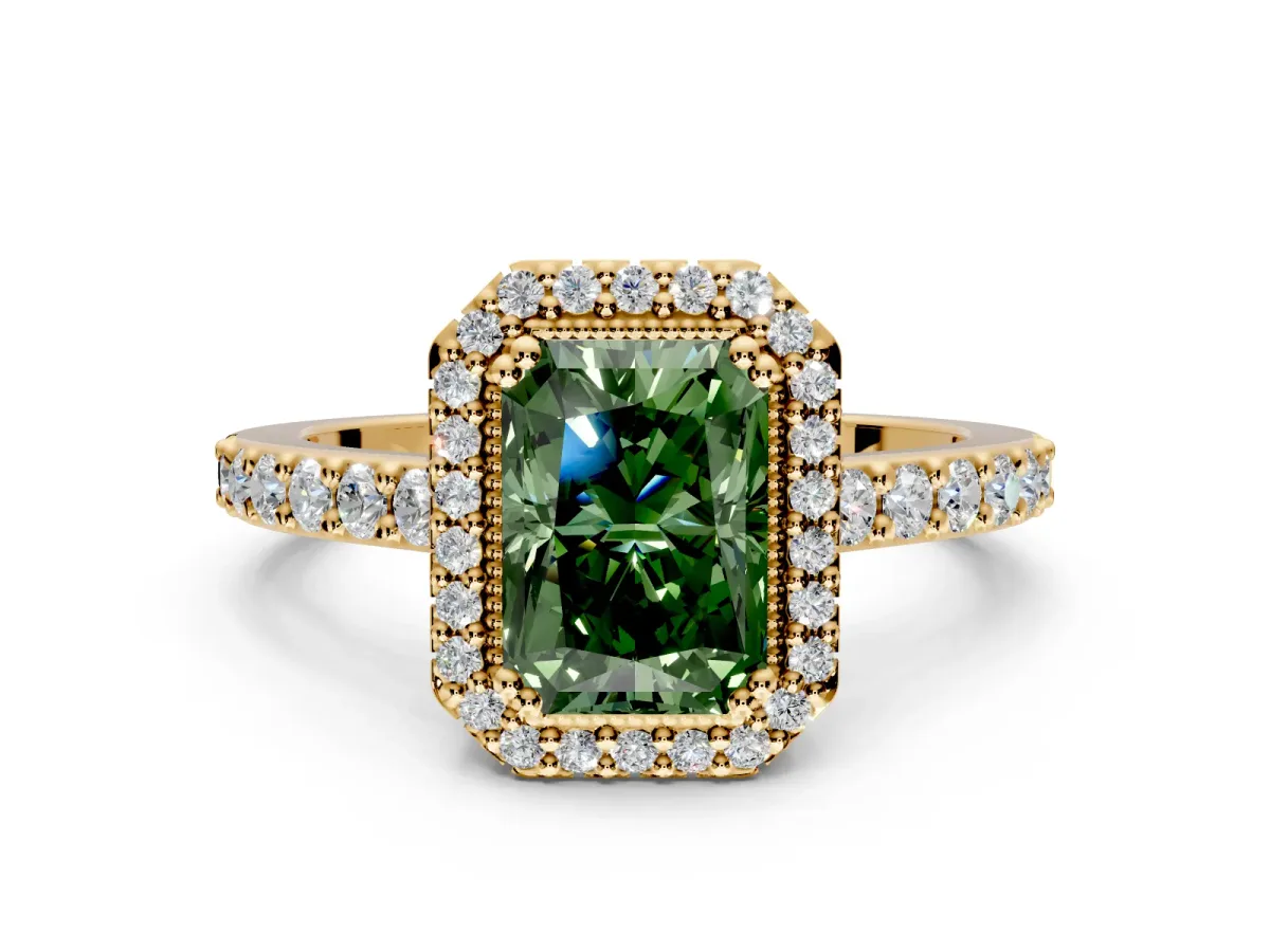 Halo Engagement Ring Setting for Fancy Green Radiant Cut Center with Inner Milgrain Border and Prong Head in Yellow Gold