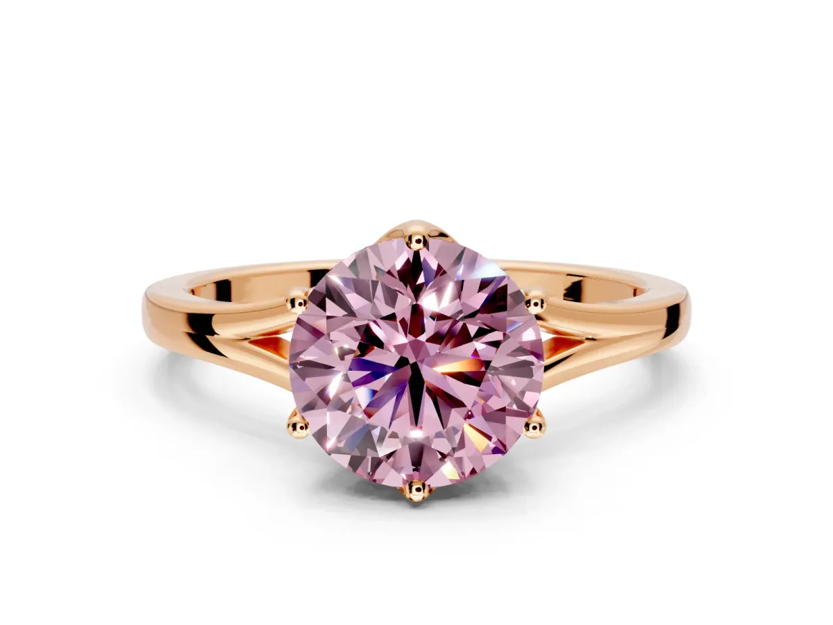 Solitaire Engagement Ring Setting for Fancy Pink Round Cut Center with Plain Split Shank and Prong Head in Rose Gold